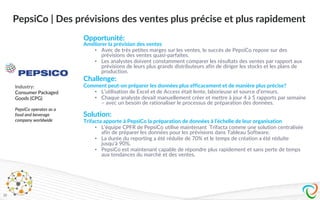 PepsiCo | Des prévisions des ventes plus précise et plus rapidement
20
Opportunité:
Améliorer la prévision des ventes
• Avec de très petites marges sur les ventes, le succès de PepsiCo repose sur des
prévisions des ventes quasi-parfaites.
• Les analystes doivent constamment comparer les résultats des ventes par rapport aux
prévisions de leurs plus grands distributeurs afin de diriger les stocks et les plans de
production.
Challenge:
Comment peut-on préparer les données plus efficacement et de manière plus précise?
• L’utilisation de Excel et de Access était lente, laborieuse et source d’erreurs.
• Chaque analyste devait manuellement créer et mettre à jour 4 à 5 rapports par semaine
– avec un besoin de rationaliser le processus de préparation des données.
Solution:
Trifacta apporte à PepsiCo la préparation de données à l’échelle de leur organisation
• L’équipe CPFR de PepsiCo utilise maintenant Trifacta comme une solution centralisée
afin de préparer les données pour les prévisions dans Tableau Software.
• La durée du reporting a été réduite de 70% et le temps de création a été réduite
jusqu’à 90%.
• PepsiCo est maintenant capable de répondre plus rapidement et sans perte de temps
aux tendances du marché et des ventes.
Industry:
Consumer Packaged
Goods (CPG)
PepsiCo operates as a
food and beverage
company worldwide
 