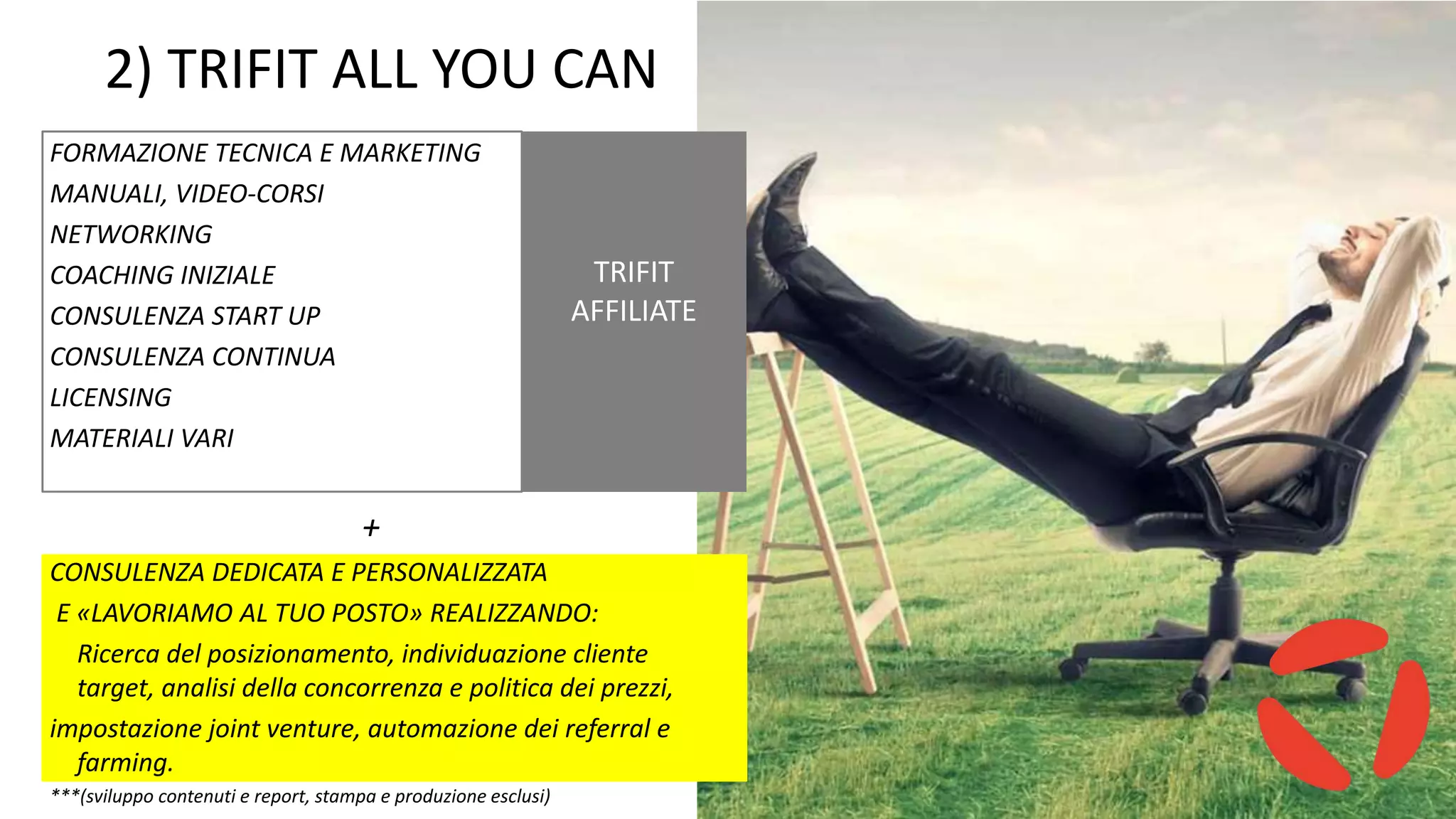 2) TRIFIT ALL YOU CAN
FORMAZIONE TECNICA E MARKETING
MANUALI, VIDEO-CORSI
NETWORKING
COACHING INIZIALE
CONSULENZA START UP
CONSULENZA CONTINUA
LICENSING
MATERIALI VARI
+
CONSULENZA DEDICATA E PERSONALIZZATA
E «LAVORIAMO AL TUO POSTO» REALIZZANDO:
Ricerca del posizionamento, individuazione cliente
target, analisi della concorrenza e politica dei prezzi,
impostazione joint venture, automazione dei referral e
farming.
***(sviluppo contenuti e report, stampa e produzione esclusi)
TRIFIT
AFFILIATE
 