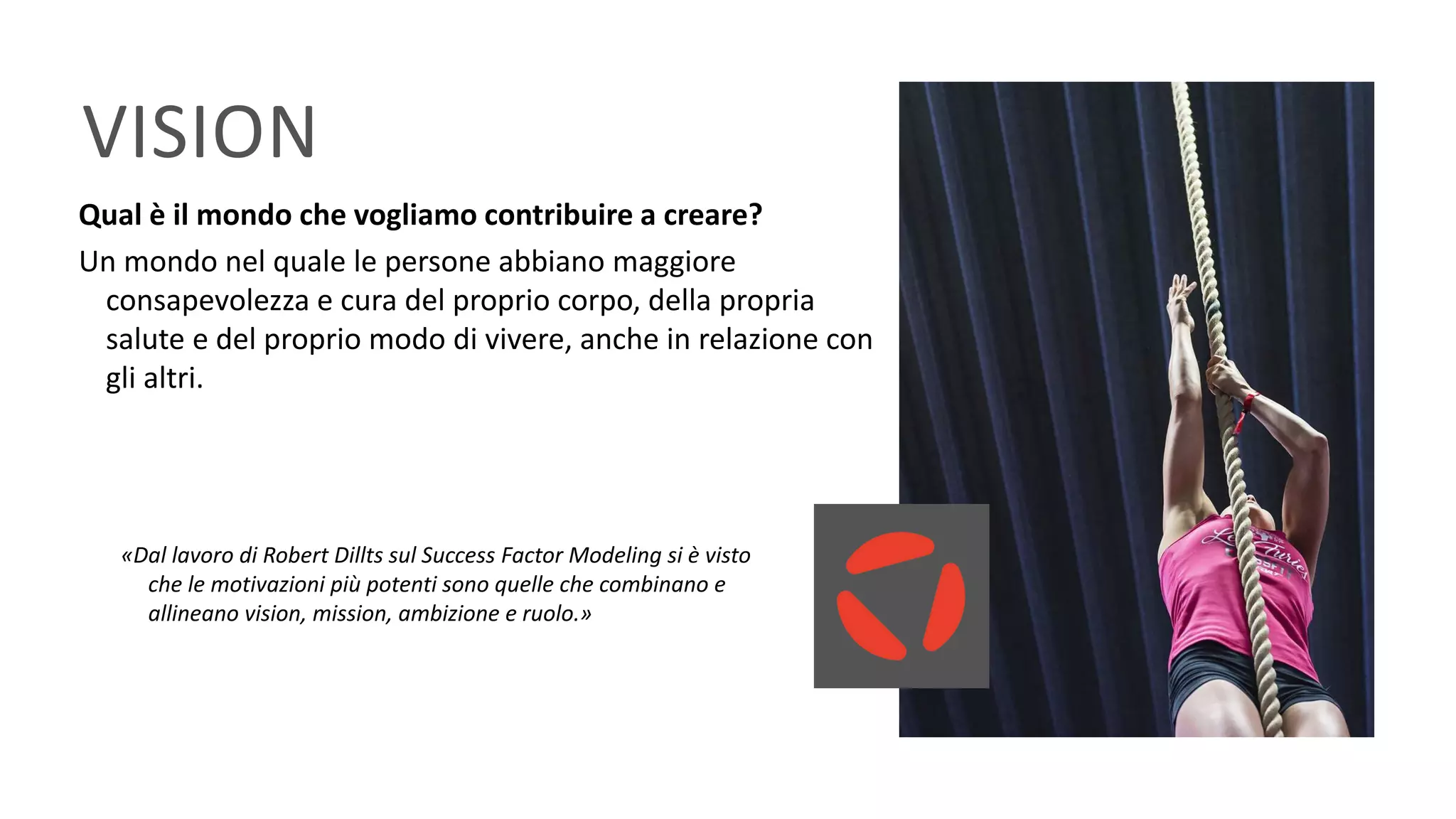 VISION
Qual è il mondo che vogliamo contribuire a creare?
Un mondo nel quale le persone abbiano maggiore
consapevolezza e cura del proprio corpo, della propria
salute e del proprio modo di vivere, anche in relazione con
gli altri.
«Dal lavoro di Robert Dillts sul Success Factor Modeling si è visto
che le motivazioni più potenti sono quelle che combinano e
allineano vision, mission, ambizione e ruolo.»
 