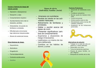 Causas o factores de riesgo del
intento suicida
 Depresión o desesperanza
 Decepción y culpa
 Comportamiento impulsivo
...