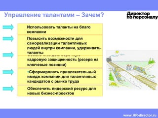 HR CEMA
Mentoring guide | Doris Reich-Rohrwig | Confidential
Управление талантами – Зачем?
Использовать таланты на благо
компании
Обеспечить долгосрочную
кадровую защищенность (резерв на
ключевые позиции)
•Сформировать привлекательный
имидж компании для талантливых
кандидатов с рынка труда
Обеспечить лидерский ресурс для
новых бизнес-проектов
Повысить возможности для
самореализации талантливых
людей внутри компании, удерживать
таланты
www.HR-director.ru
 