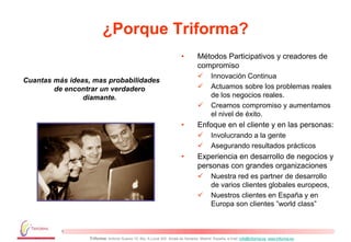 ¿Porque Triforma?
                                                                        •         Métodos Participativos y creadores de
                                                                                  compromiso
                                                                                         Innovación Continua
Cuantas más ideas, mas probabilidades
        de encontrar un verdadero                                                        Actuamos sobre los problemas reales
                diamante.                                                                 de los negocios reales.
                                                                                         Creamos compromiso y aumentamos
                                                                                          el nivel de éxito.
                                                                        •         Enfoque en el cliente y en las personas:
                                                                                         Involucrando a la gente
                                                                                         Asegurando resultados prácticos
                                                                        •         Experiencia en desarrollo de negocios y
                                                                                  personas con grandes organizaciones
                                                                                         Nuestra red es partner de desarrollo
                                                                                          de varios clientes globales europeos,
                                                                                         Nuestros clientes en España y en
                                                                                          Europa son clientes ”world class”



                  Triforma: Antonio Suarez 10, Blq. A Local 302. Alcalá de Henares. Madrid. España, e-mail: info@triforma.es www.triforma.es
 