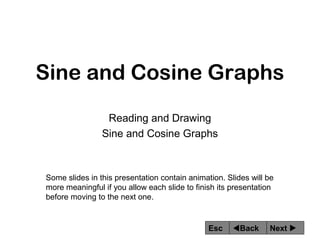 Sine and Cosine Graphs
Reading and Drawing
Sine and Cosine Graphs

Some slides in this presentation contain animation. Slides will be
more meaningful if you allow each slide to finish its presentation
before moving to the next one.

Esc

Back

Next 

 