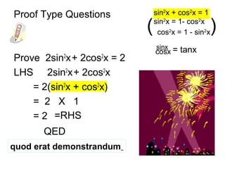 Proof Type Questions
Prove 2sin2
x+ 2cos2
x = 2
LHS 2sin2
x+ 2cos2
x
= 2(sin2
x + cos2
x)
= 2 X 1
= 2
sin2
x + cos2
x = 1
sin2
x = 1- cos2
x
cos2
x = 1 - sin2
x( )
sinx
= tanx
=RHS
QED
cosx
quod erat demonstrandum
 