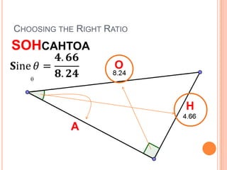 Choosing the Right RatioSOHCAHTOA𝐒ine𝜃=𝟒.𝟔𝟔𝟖.𝟐𝟒 OHA