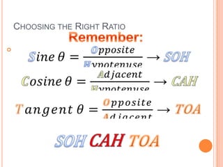 Choosing the Right RatioRemember:𝑺𝑖𝑛𝑒𝜃=𝑶𝑝𝑝𝑜𝑠𝑖𝑡𝑒𝑯𝑦𝑝𝑜𝑡𝑒𝑛𝑢𝑠𝑒 ->SOH 𝑪𝑜𝑠𝑖𝑛𝑒𝜃=𝑨𝑑𝑗𝑎𝑐𝑒𝑛𝑡𝑯𝑦𝑝𝑜𝑡𝑒𝑛𝑢𝑠𝑒 ->CAH 𝑇𝑎𝑛𝑔𝑒𝑛𝑡𝜃=𝑶𝑝𝑝𝑜𝑠𝑖𝑡𝑒𝑨𝑑𝑗𝑎𝑐𝑒𝑛𝑡 ->TOA SOHCAHTOA