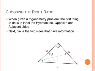 Choosing the Right RatioWhen given a trigonometry problem, the first thing to do is to label the Hypotenuse, Opposite and Adjacent sidesNext, circle the two sides that have informationAOH