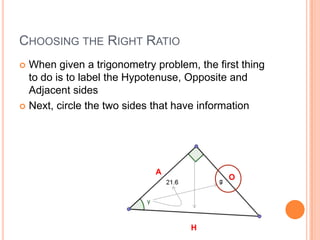 Choosing the Right RatioWhen given a trigonometry problem, the first thing to do is to label the Hypotenuse, Opposite and Adjacent sidesNext, circle the two sides that have informationAOH