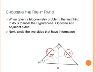 Choosing the Right RatioWhen given a trigonometry problem, the first thing to do is to label the Hypotenuse, Opposite and Adjacent sidesNext, circle the two sides that have informationAOH