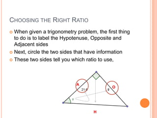 Choosing the Right RatioWhen given a trigonometry problem, the first thing to do is to label the Hypotenuse, Opposite and Adjacent sidesNext, circle the two sides that have informationThese two sides tell you which ratio to use, as only one ratio will contain both sides.AOH