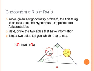Choosing the Right RatioWhen given a trigonometry problem, the first thing to do is to label the Hypotenuse, Opposite and Adjacent sidesNext, circle the two sides that have informationThese two sides tell you which ratio to use, as only one ratio will contain both sides.SOHCAHTOAAOH