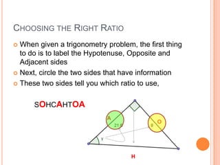 Choosing the Right RatioWhen given a trigonometry problem, the first thing to do is to label the Hypotenuse, Opposite and Adjacent sidesNext, circle the two sides that have informationThese two sides tell you which ratio to use, as only one ratio will contain both sides.SOHCAHTOAAOH