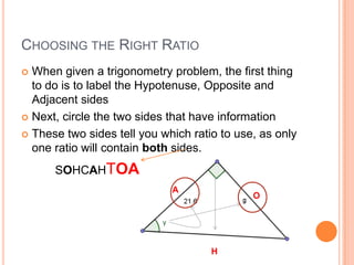 Choosing the Right RatioWhen given a trigonometry problem, the first thing to do is to label the Hypotenuse, Opposite and Adjacent sidesNext, circle the two sides that have informationThese two sides tell you which ratio to use, as only one ratio will contain both sides.SOHCAHTOAAOH