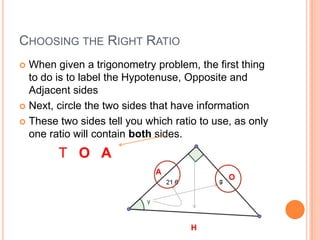 Choosing the Right RatioWhen given a trigonometry problem, the first thing to do is to label the Hypotenuse, Opposite and Adjacent sidesNext, circle the two sides that have informationThese two sides tell you which ratio to use, as only one ratio will contain both sides.T   O   AAOH