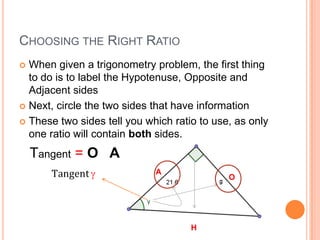 Choosing the Right RatioWhen given a trigonometry problem, the first thing to do is to label the Hypotenuse, Opposite and Adjacent sidesNext, circle the two sides that have informationThese two sides tell you which ratio to use, as only one ratio will contain both sides.Tangent= O   ATangent=𝒈𝟐𝟏.𝟔 AOH