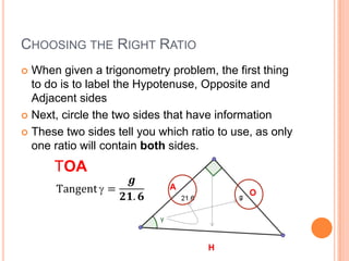 Choosing the Right RatioWhen given a trigonometry problem, the first thing to do is to label the Hypotenuse, Opposite and Adjacent sidesNext, circle the two sides that have informationThese two sides tell you which ratio to use, as only one ratio will contain both sides.TOATangent=𝒈𝟐𝟏.𝟔 AOH