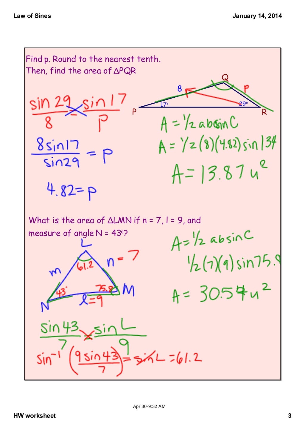 Law of Sines notes With Regard To Law Of Sines Worksheet