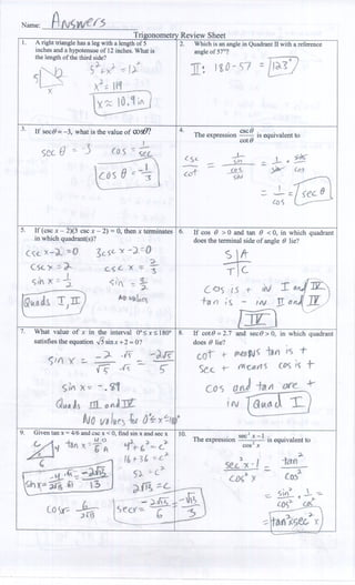 Trig5 Review Sheet Answers