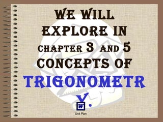 We Will
explore in
chapter 3 and 5
concepts of
trigonometr
y.
Unit Plan
 