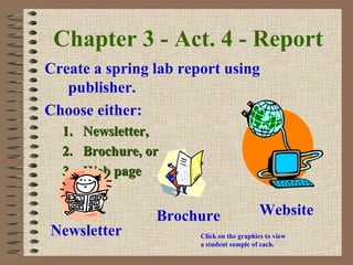 Chapter 3 - Act. 4 - Report
Create a spring lab report using
publisher.
Choose either:
1.1. Newsletter,Newsletter,
2.2. Brochure, orBrochure, or
3.3. Web pageWeb page
Click on the graphics to view
a student sample of each.
Newsletter
Brochure Website
 