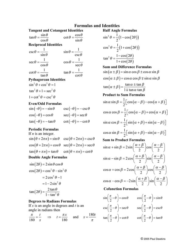 Trig cheat sheet | PDF