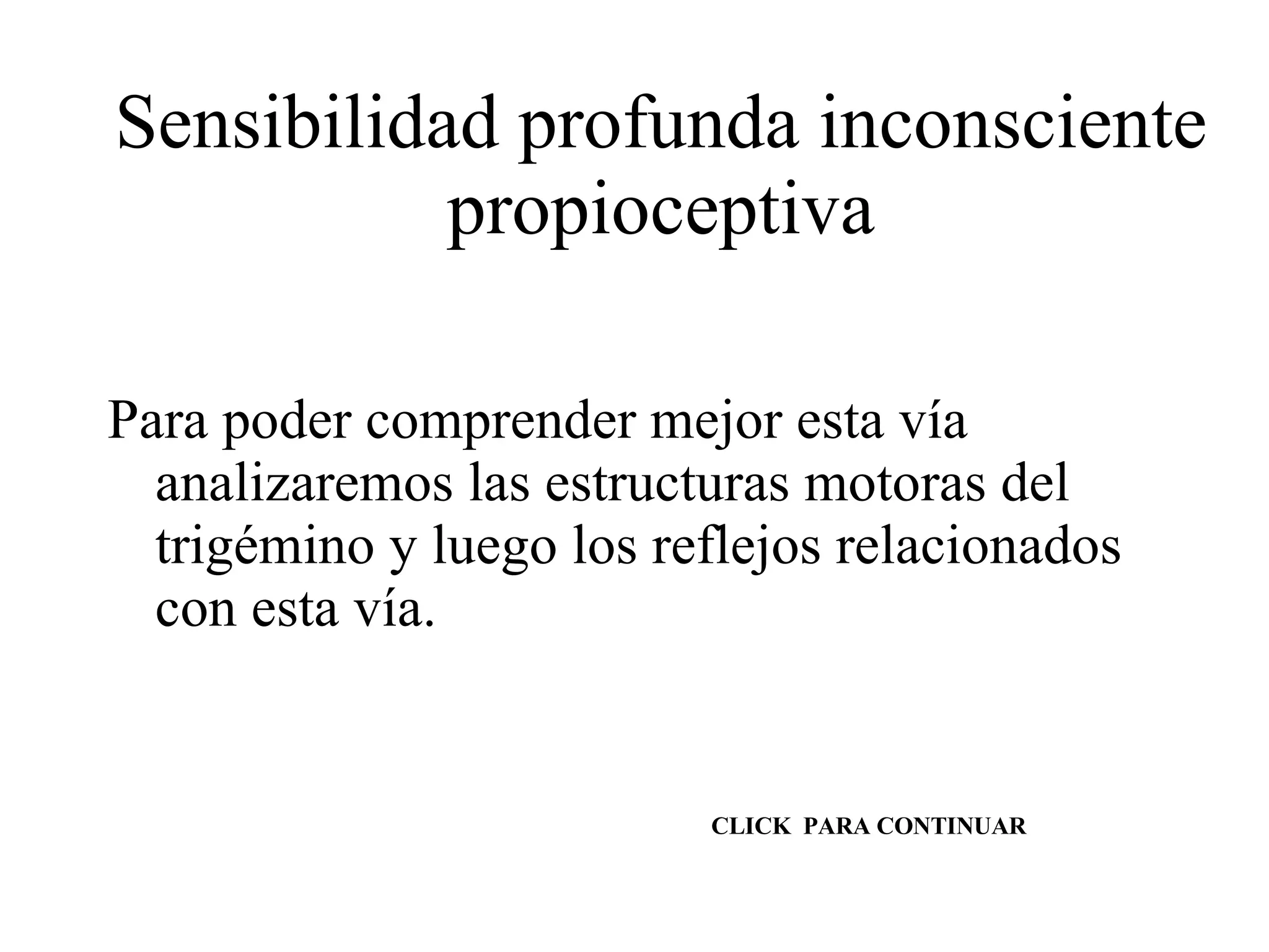 Sensibilidad profunda inconsciente propioceptiva Para poder comprender mejor esta vía analizaremos las estructuras motoras del trigémino y luego los reflejos relacionados con esta vía.  CLICK  PARA CONTINUAR 