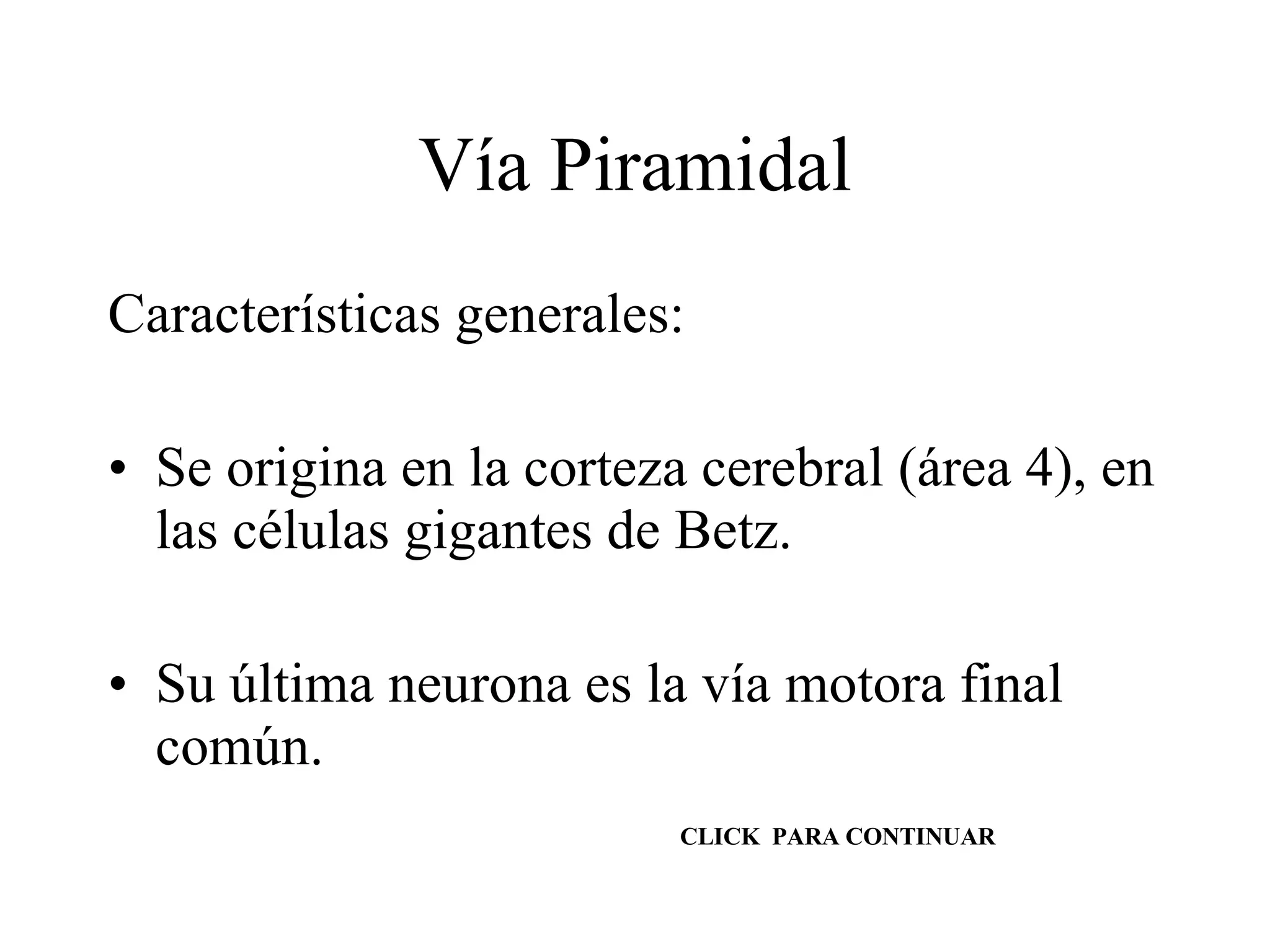 Vía Piramidal Características generales: Se origina en la corteza cerebral (área 4), en las células gigantes de Betz. Su última neurona es la vía motora final común. CLICK  PARA CONTINUAR 