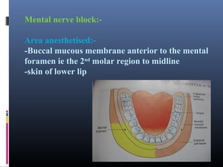 Mental nerve block:Area anesthetised:-Buccal mucous membrane anterior to the mental
foramen ie the 2nd molar region to midline
-skin of lower lip

 