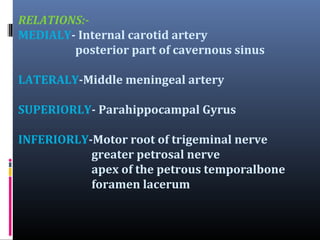 RELATIONS:MEDIALY- Internal carotid artery
posterior part of cavernous sinus
LATERALY-Middle meningeal artery
SUPERIORLY- Parahippocampal Gyrus
INFERIORLY-Motor root of trigeminal nerve
greater petrosal nerve
apex of the petrous temporalbone
foramen lacerum

 