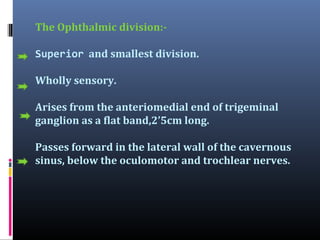 The Ophthalmic division:Superior and smallest division.
Wholly sensory.
Arises from the anteriomedial end of trigeminal
ganglion as a flat band,2’5cm long.
Passes forward in the lateral wall of the cavernous
sinus, below the oculomotor and trochlear nerves.

 