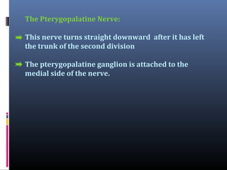 The Pterygopalatine Nerve:
This nerve turns straight downward after it has left
the trunk of the second division
The pterygopalatine ganglion is attached to the
medial side of the nerve.

 