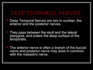 DEEP TEMPORAL NERVES
   Deep Temporal Nerves are two in number, the
    anterior and the posterior nerves.

   They pass between the skull and the lateral
    pterygoid, and enters the deep surface of the
    temporalis.

   The anterior nerve is often a branch of the buccal
    nerve and posterior nerve may arise in common
    with the massetric nerve.
 