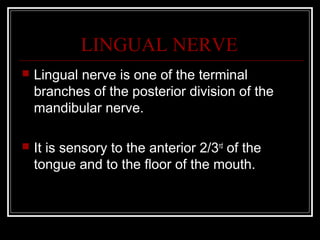 LINGUAL NERVE
   Lingual nerve is one of the terminal
    branches of the posterior division of the
    mandibular nerve.

   It is sensory to the anterior 2/3rd of the
    tongue and to the floor of the mouth.
 