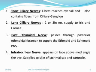 1. Short Clliary Nerves: Fibers reaches eyeball and also
contains fibers from Cilliary Ganglion
2. Long Cilliary Nerves : 2 or 3in no. supply to Iris and
Cornea.
3. Post Ethmoidal Nerve: passes through posterior
ethmoidal foramen to supply the Ethmoid and Sphenoid
PNS.
4. Infratrochlear Nerve: appears on face above med angle
the eye. Supplies to skin of lacrimal sac and caruncle.
1/20/2015 Oral And Maxillofacial Surgery 43
 