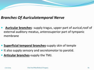 Branches Of Auriculotemporal Nerve
 Auricular branches- supply tragus, upper part of aurical,roof of
external auditory meatus, anterosuperior part of tympanic
membrane
 Superficial temporal branches-supply skin of temple
 It also supply sensory and secretomotor to parotid.
 Articular branches-supply the TMJ.
1/20/2015 Oral And Maxillofacial Surgery 82
 