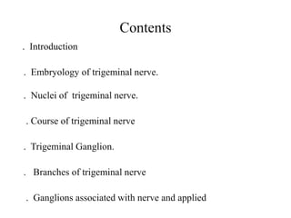 Contents
. Introduction
. Embryology of trigeminal nerve.
. Nuclei of trigeminal nerve.
. Course of trigeminal nerve
. Tri...