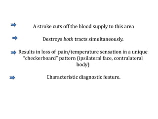A stroke cuts off the blood supply to this area
Destroys both tracts simultaneously.
Results in loss of pain/temperature sensation in a unique
“checkerboard” pattern (ipsilateral face, contralateral
body)
Characteristic diagnostic feature.
 