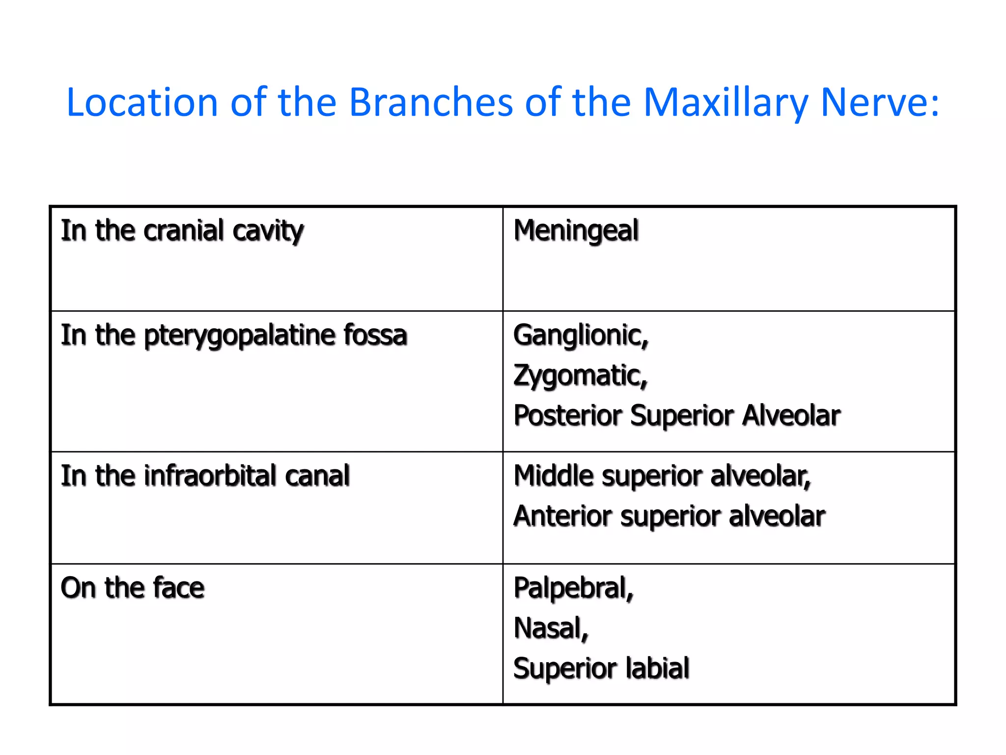 Location of the Branches of the Maxillary Nerve:
In the cranial cavity Meningeal
In the pterygopalatine fossa Ganglionic,
Zygomatic,
Posterior Superior Alveolar
In the infraorbital canal Middle superior alveolar,
Anterior superior alveolar
On the face Palpebral,
Nasal,
Superior labial
 