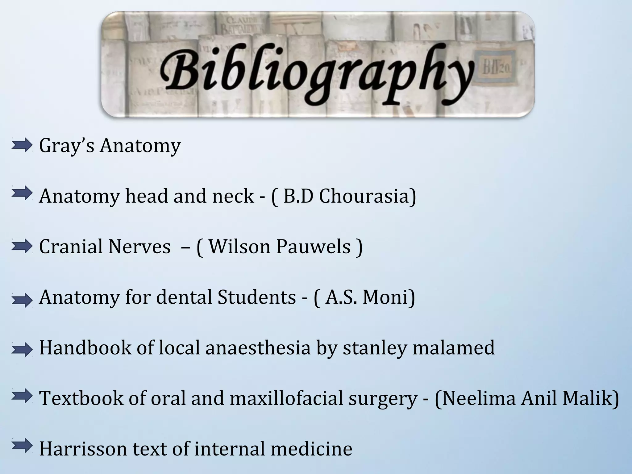 Gray’s Anatomy
Anatomy head and neck - ( B.D Chourasia)
Cranial Nerves – ( Wilson Pauwels )
Anatomy for dental Students - ( A.S. Moni)
Handbook of local anaesthesia by stanley malamed
Textbook of oral and maxillofacial surgery - (Neelima Anil Malik)
Harrisson text of internal medicine
 