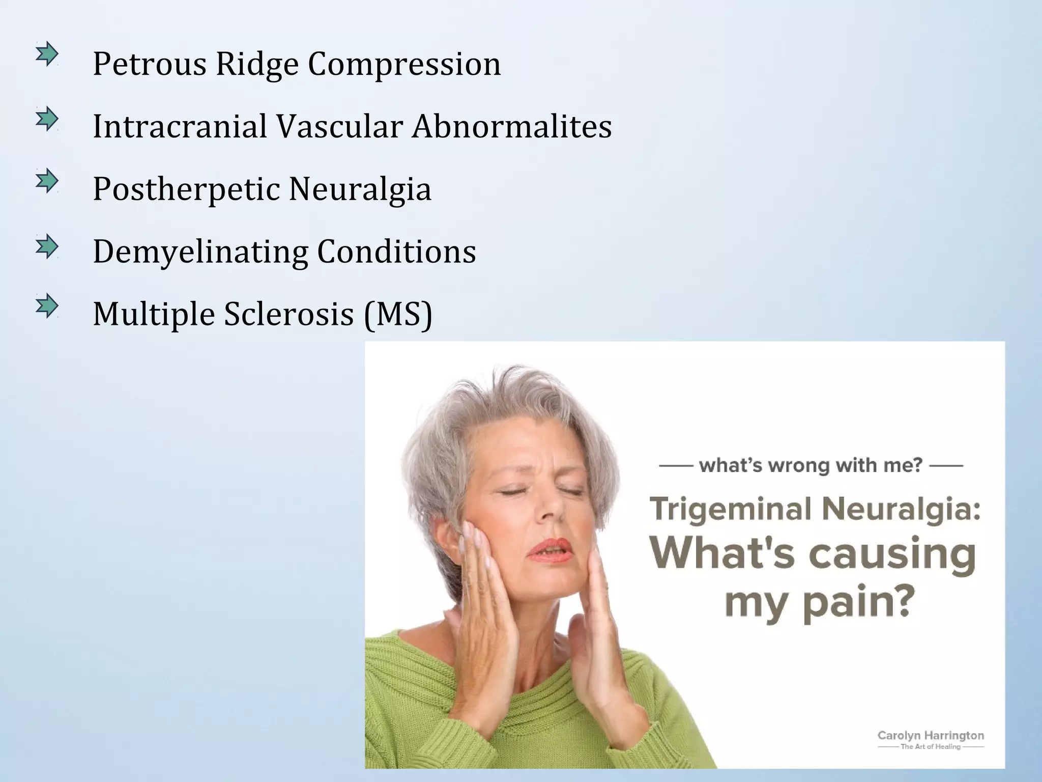Petrous Ridge Compression
Intracranial Vascular Abnormalites
Postherpetic Neuralgia
Demyelinating Conditions
Multiple Sclerosis (MS)
 