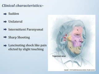 Clinical characteristics:-
Sudden
Unilateral
Intermittent Paroxysmal
Sharp Shooting
Lancinating shock like pain
elicted by slight touching
 