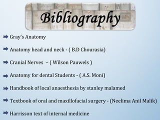 Gray’s Anatomy
Anatomy head and neck - ( B.D Chourasia)
Cranial Nerves – ( Wilson Pauwels )
Anatomy for dental Students - ( A.S. Moni)
Handbook of local anaesthesia by stanley malamed
Textbook of oral and maxillofacial surgery - (Neelima Anil Malik)
Harrisson text of internal medicine
 