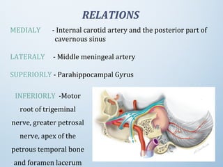 RELATIONS
MEDIALY       - Internal carotid artery and the posterior part of
cavernous sinus
LATERALY     - Middle meningeal artery
SUPERIORLY - Parahippocampal Gyrus
INFERIORLY  -Motor 
root of trigeminal 
nerve, greater petrosal 
nerve, apex of the 
petrous temporal bone 
and foramen lacerum
 