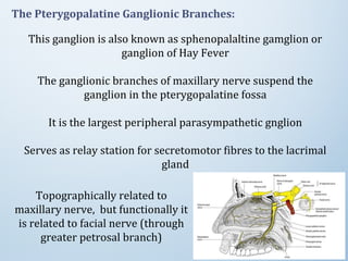 The Pterygopalatine Ganglionic Branches:
This ganglion is also known as sphenopalaltine gamglion or
ganglion of Hay Fever
The ganglionic branches of maxillary nerve suspend the
ganglion in the pterygopalatine fossa
It is the largest peripheral parasympathetic gnglion
Serves as relay station for secretomotor fibres to the lacrimal
gland
Topographically related to
maxillary nerve, but functionally it
is related to facial nerve (through
greater petrosal branch)
 