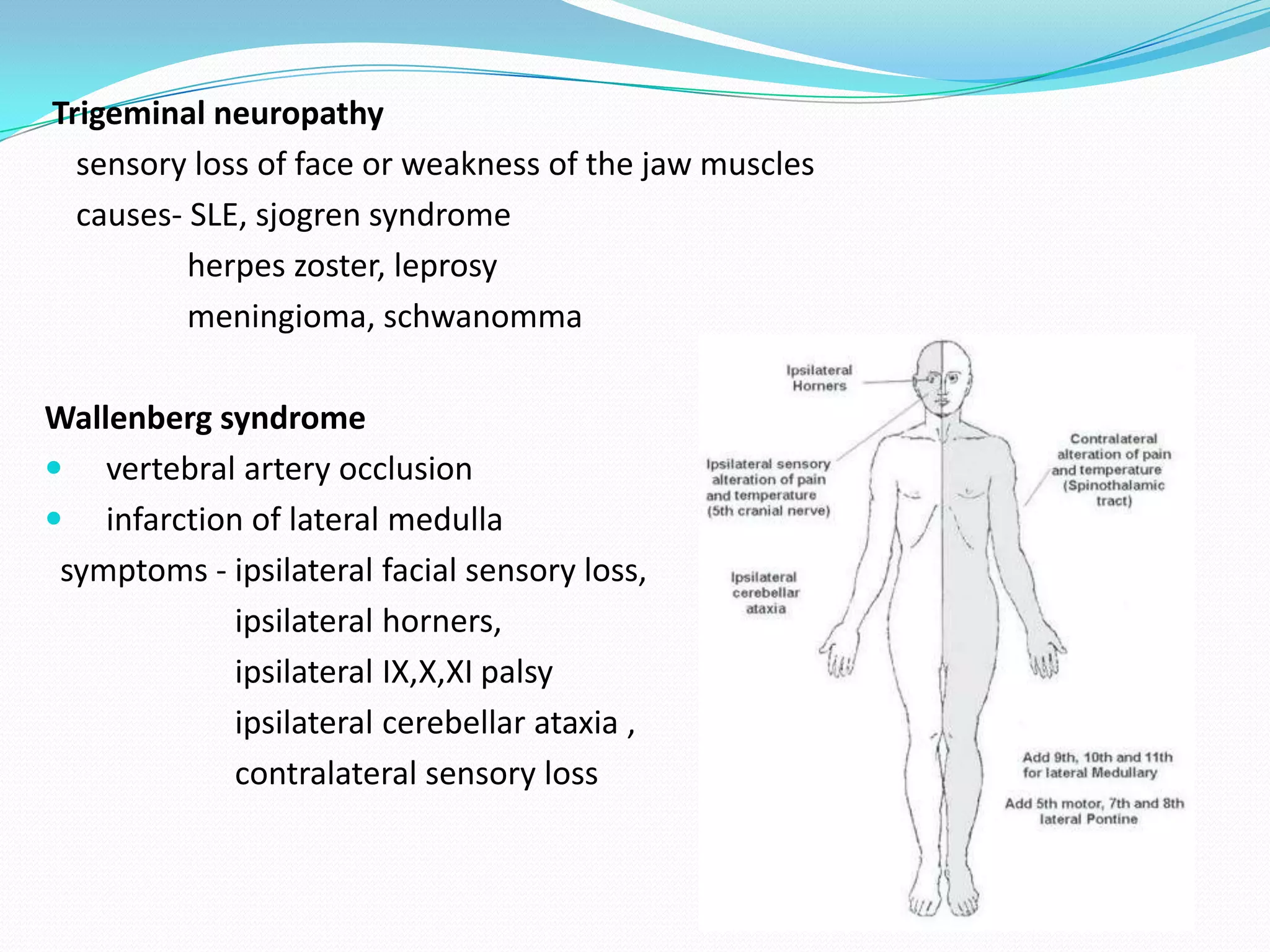 Trigeminal neuropathy
sensory loss of face or weakness of the jaw muscles
causes- SLE, sjogren syndrome
herpes zoster, leprosy
meningioma, schwanomma
Wallenberg syndrome
 vertebral artery occlusion
 infarction of lateral medulla
symptoms - ipsilateral facial sensory loss,
ipsilateral horners,
ipsilateral IX,X,XI palsy
ipsilateral cerebellar ataxia ,
contralateral sensory loss
 