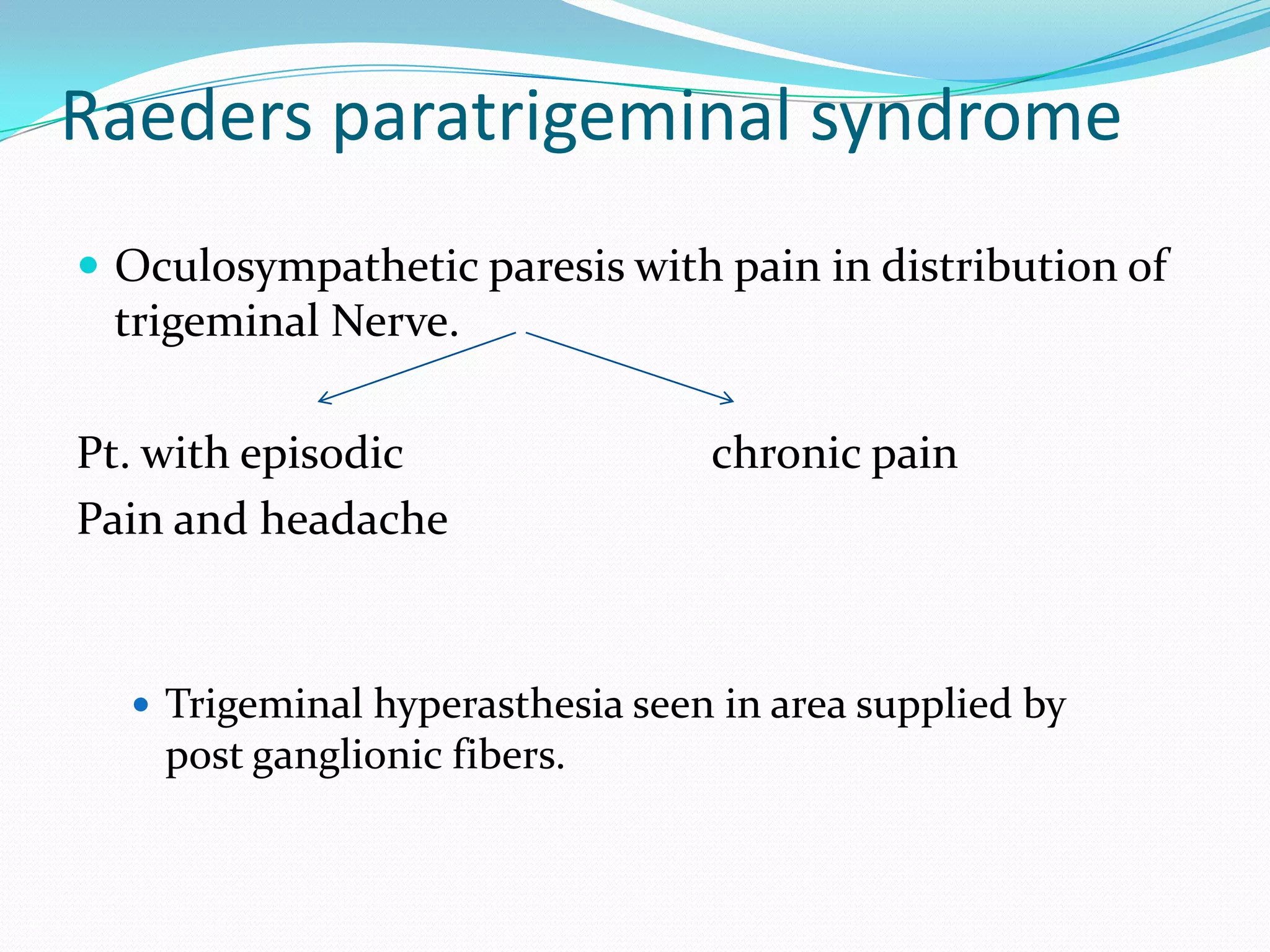Raeders paratrigeminal syndrome
 Oculosympathetic paresis with pain in distribution of
trigeminal Nerve.
Pt. with episodic chronic pain
Pain and headache
 Trigeminal hyperasthesia seen in area supplied by
post ganglionic fibers.
 