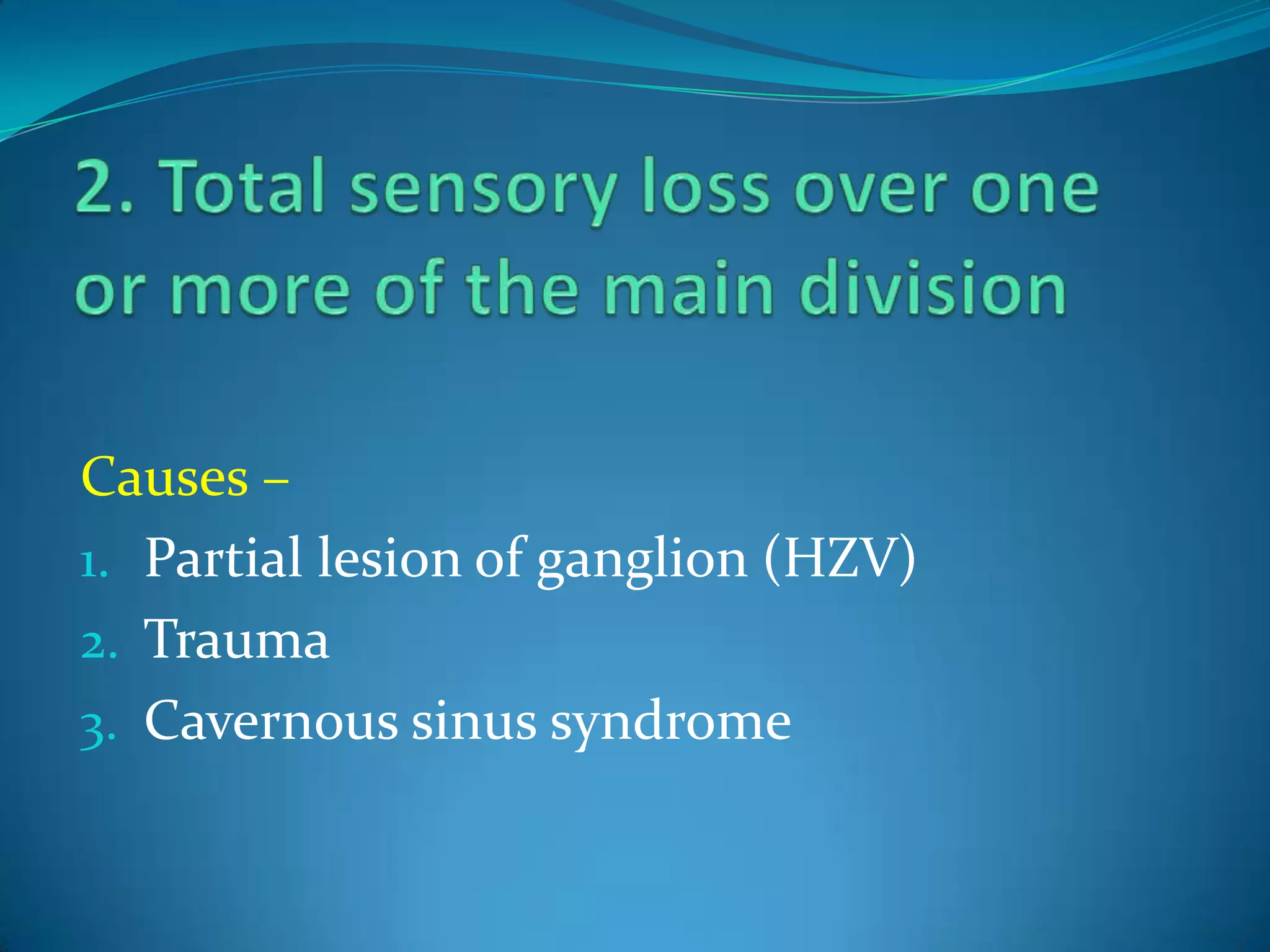 Causes –
1. Partial lesion of ganglion (HZV)
2. Trauma
3. Cavernous sinus syndrome
 