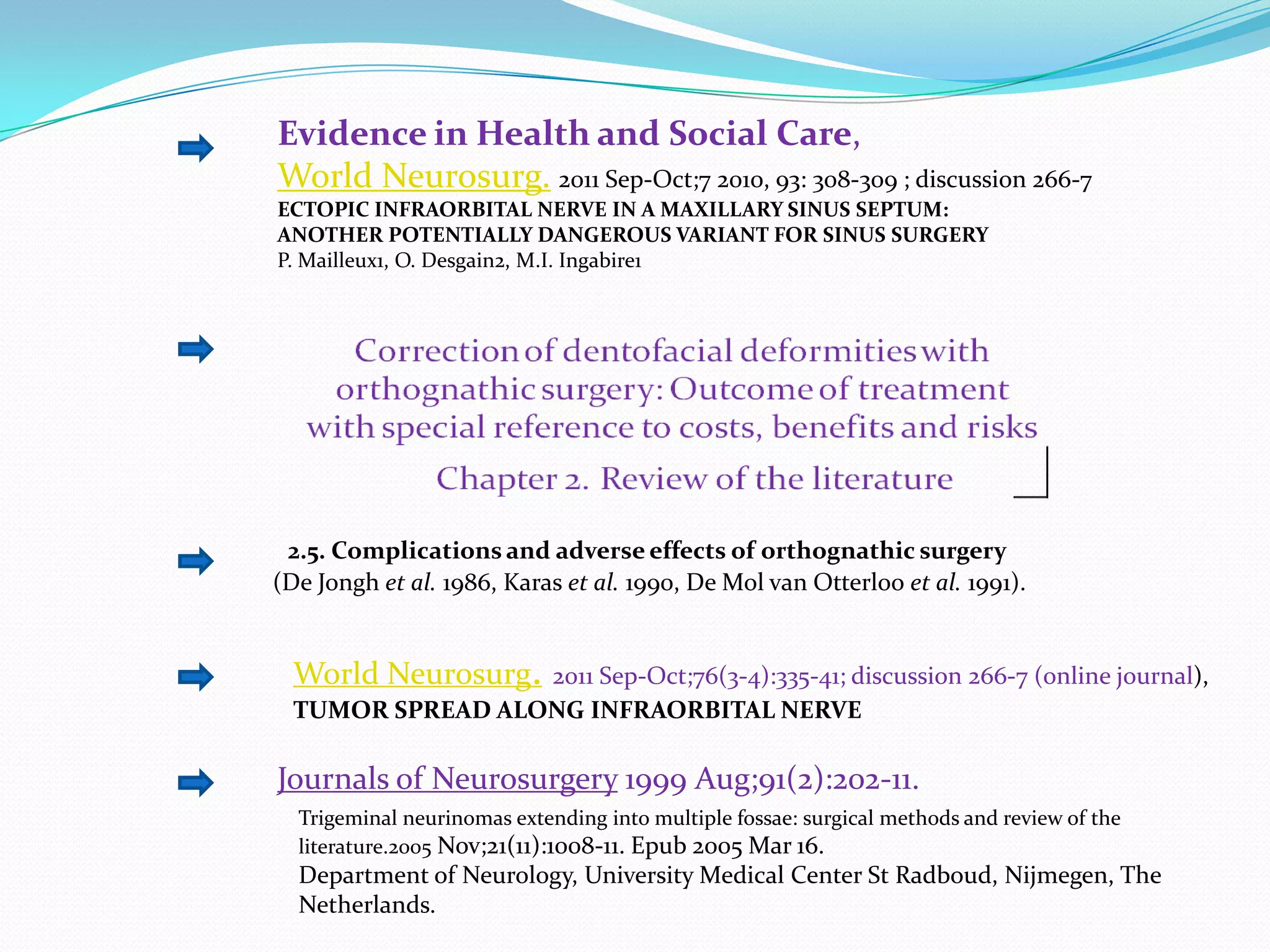 Evidence in Health and Social Care,
World Neurosurg. 2011 Sep-Oct;7 2010, 93: 308-309 ; discussion 266-7
ECTOPIC INFRAORBITAL NERVE IN A MAXILLARY SINUS SEPTUM:
ANOTHER POTENTIALLY DANGEROUS VARIANT FOR SINUS SURGERY
P. Mailleux1, O. Desgain2, M.I. Ingabire1
(De Jongh et al. 1986, Karas et al. 1990, De Mol van Otterloo et al. 1991).
2.5. Complications and adverse effects of orthognathic surgery
World Neurosurg. 2011 Sep-Oct;76(3-4):335-41; discussion 266-7 (online journal),
TUMOR SPREAD ALONG INFRAORBITAL NERVE
Journals of Neurosurgery 1999 Aug;91(2):202-11.
Trigeminal neurinomas extending into multiple fossae: surgical methods and review of the
literature.2005 Nov;21(11):1008-11. Epub 2005 Mar 16.
Department of Neurology, University Medical Center St Radboud, Nijmegen, The
Netherlands.
 