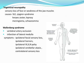 Trigeminal neuropathy
sensory loss of face or weakness of the jaw muscles
causes- SLE, sjogren syndrome
herpes zoster, leprosy
meningioma, schwanomma
Wallenberg syndrome
 vertebral artery occlusion
 infarction of lateral medulla
symptoms - ipsilateral facial sensory loss,
ipsilateral horners,
ipsilateral IX,X,XI palsy
ipsilateral cerebellar ataxia ,
contralateral sensory loss
 