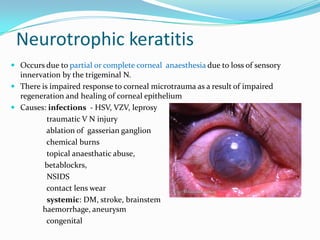 Neurotrophic keratitis
 Occurs due to partial or complete corneal anaesthesia due to loss of sensory
innervation by the trigeminal N.
 There is impaired response to corneal microtrauma as a result of impaired
regeneration and healing of corneal epithelium
 Causes: infections - HSV, VZV, leprosy
traumatic V N injury
ablation of gasserian ganglion
chemical burns
topical anaesthatic abuse,
betablockrs,
NSIDS
contact lens wear
systemic: DM, stroke, brainstem
haemorrhage, aneurysm
congenital
 